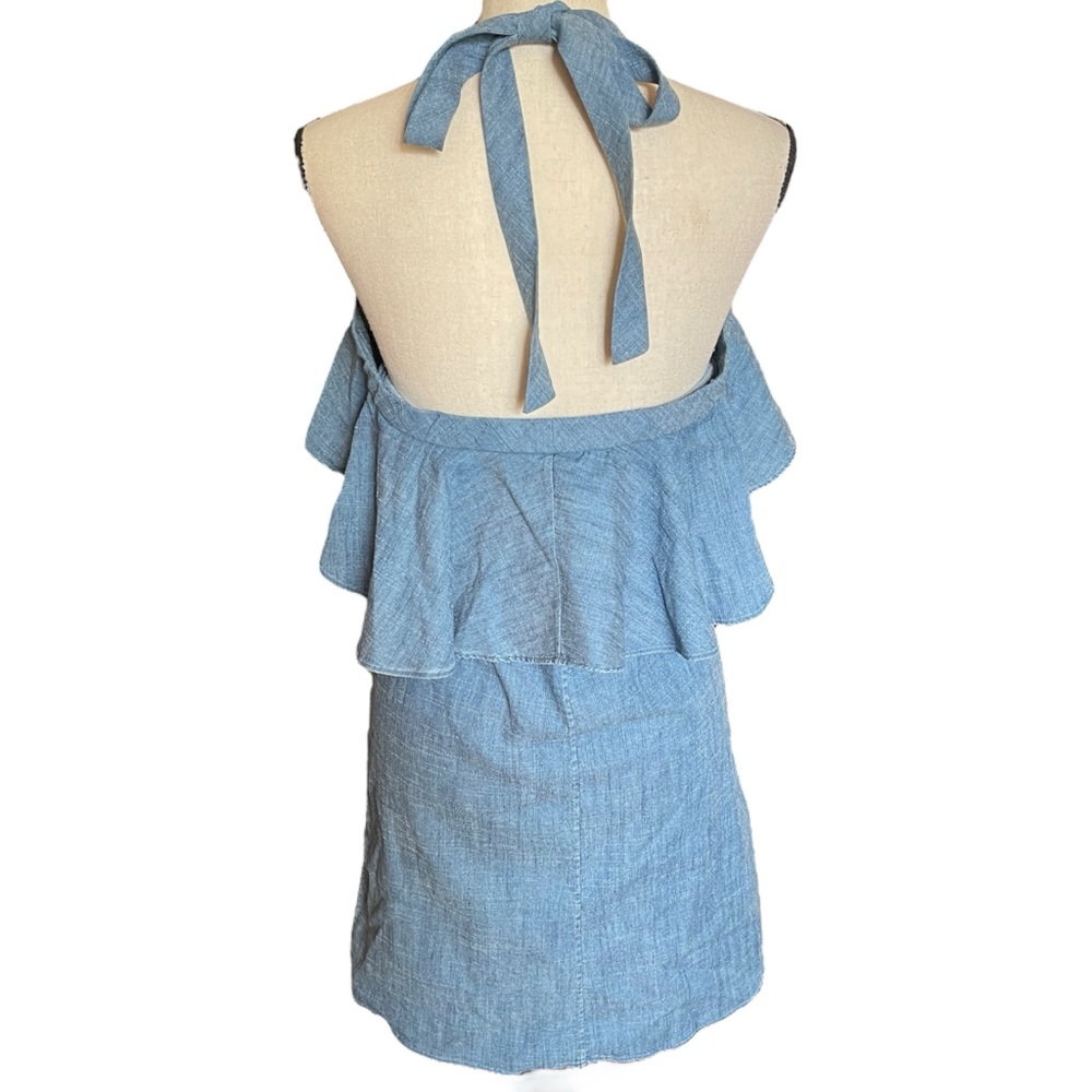 Alice + Oliva Alexia Off the Shoulder Ruffle Halter Mini Chambray Dress Small - Picture 3 of 15